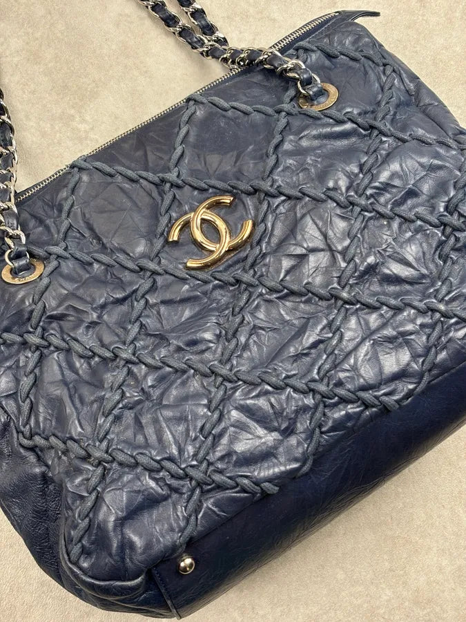 Chanel Navy Quilted Interlocking Woven Leather Large Tote Chain Bag dczoBlh 9
