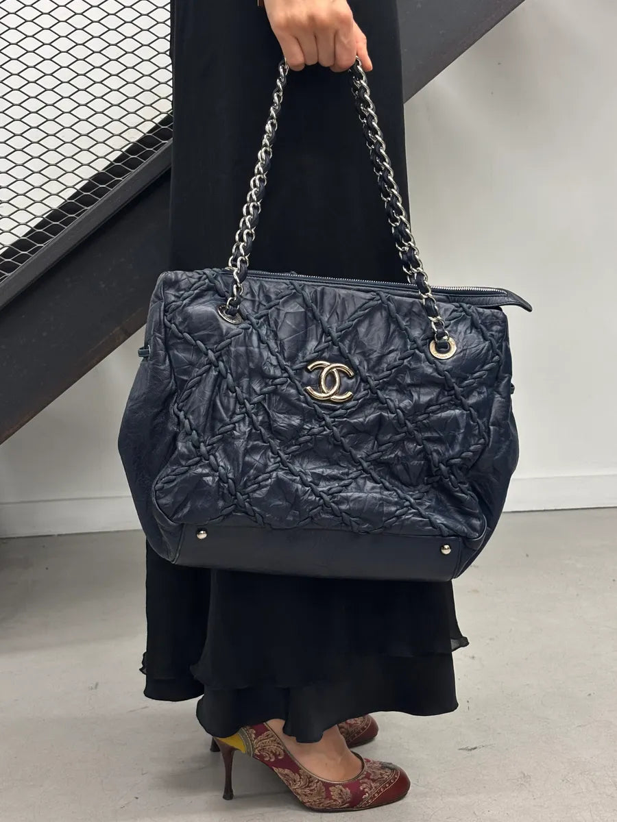 Chanel Navy Quilted Interlocking Woven Leather Large Tote Chain Bag dczoBlh 1