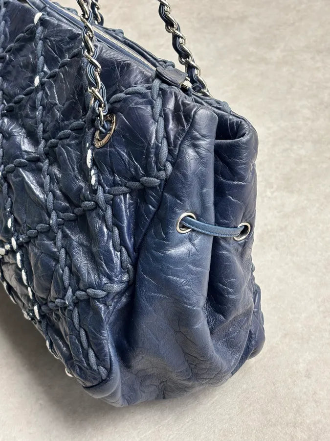 Chanel Navy Quilted Interlocking Woven Leather Large Tote Chain Bag dczoBlh 12