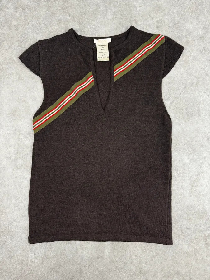 SS2006 Chloé Brown Stripe V-Neck Merinos Wool Top GnxWhRL 0