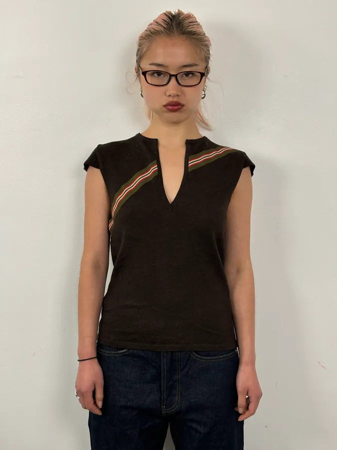 SS2006 Chloé Brown Stripe V-Neck Merinos Wool Top GnxWhRL 1