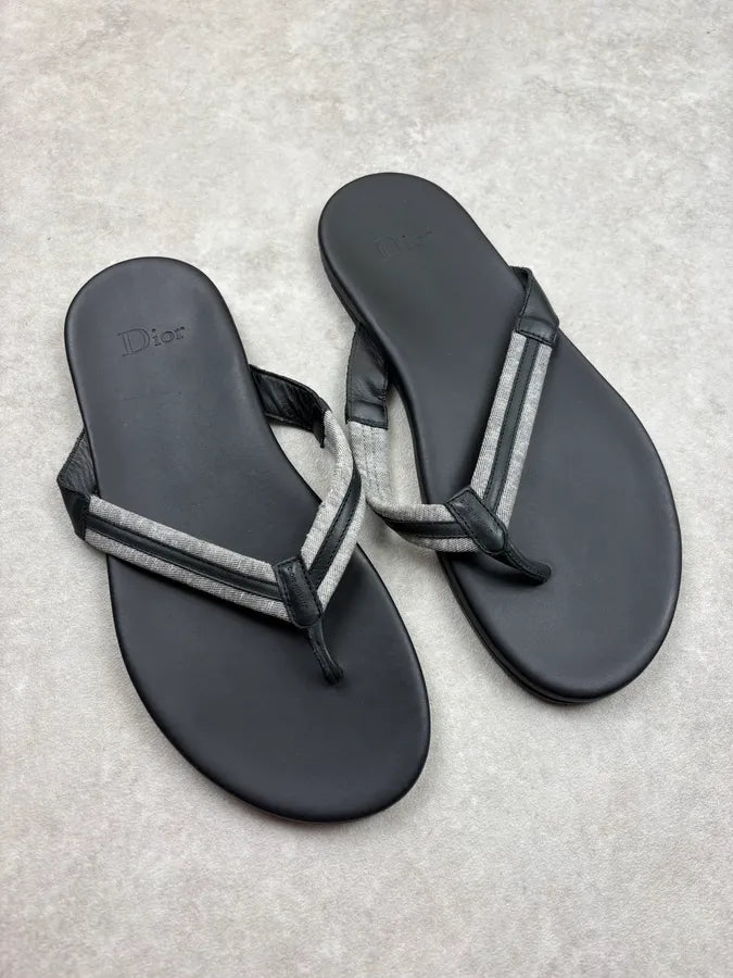 Dior Black Leather Flip Flops Sandals IwFcjTe 2