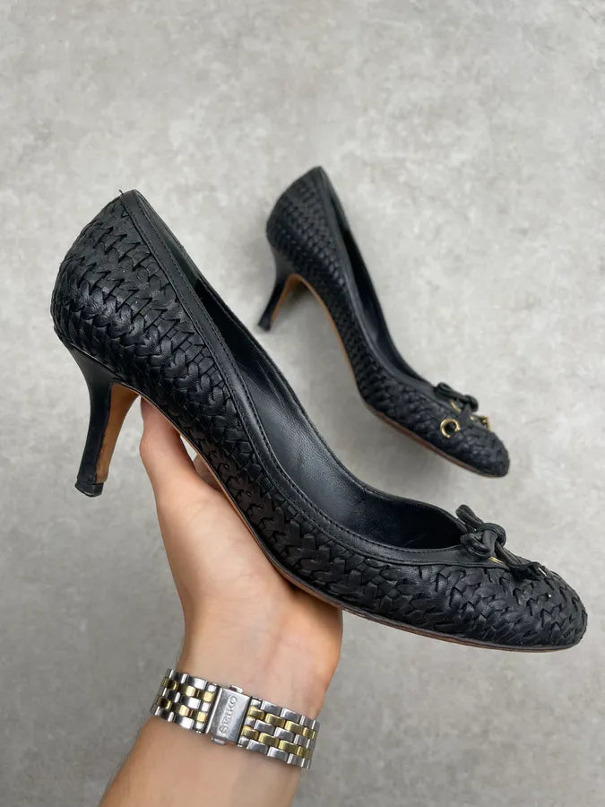 Christian Dior Black Leather Woven Heels Flats PBVhTxk 0