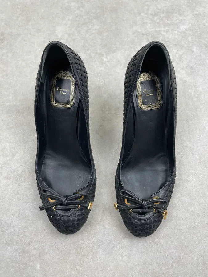 Christian Dior Black Leather Woven Heels Flats PBVhTxk 1