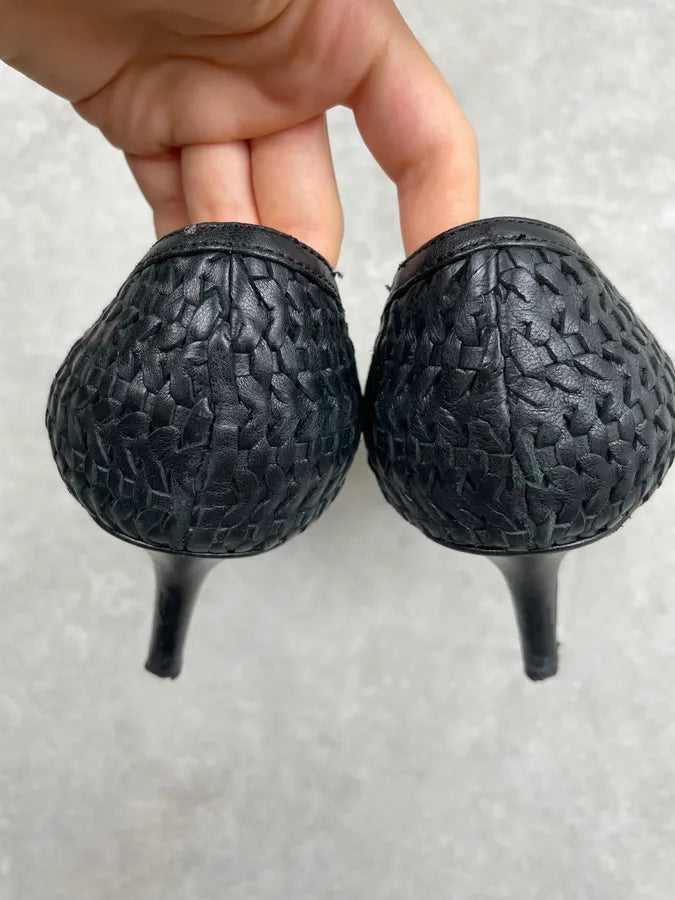 Christian Dior Black Leather Woven Heels Flats PBVhTxk 3