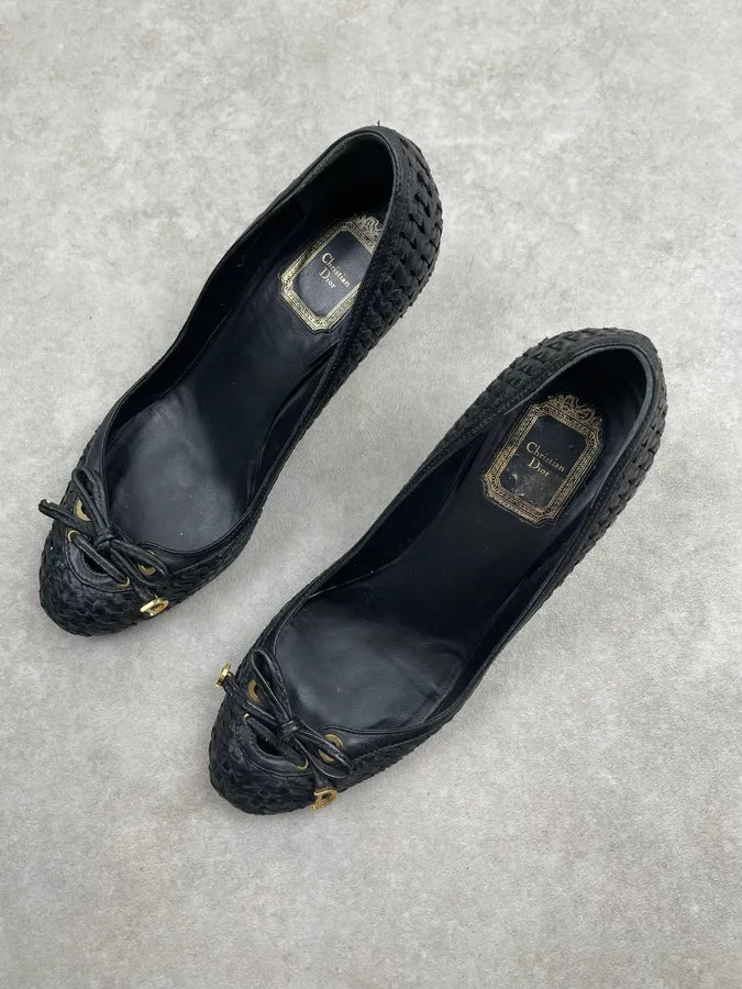 Christian Dior Black Leather Woven Heels Flats PBVhTxk 2