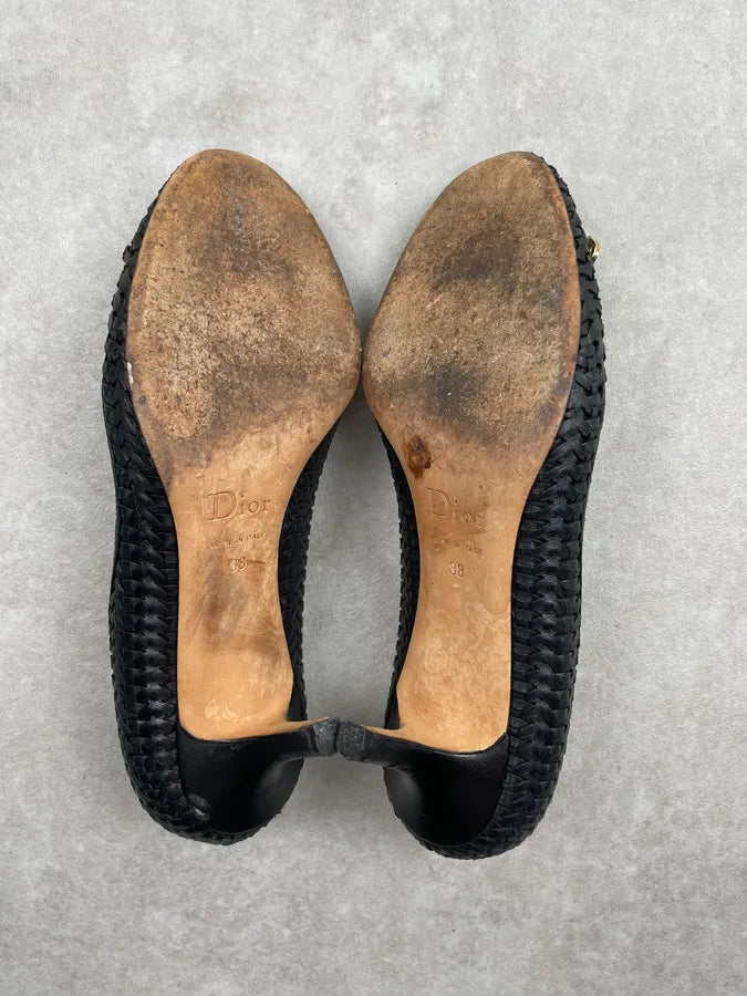 Christian Dior Black Leather Woven Heels Flats PBVhTxk 8
