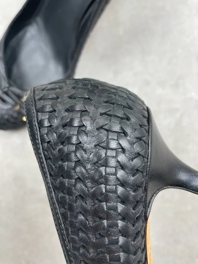Christian Dior Black Leather Woven Heels Flats PBVhTxk 4