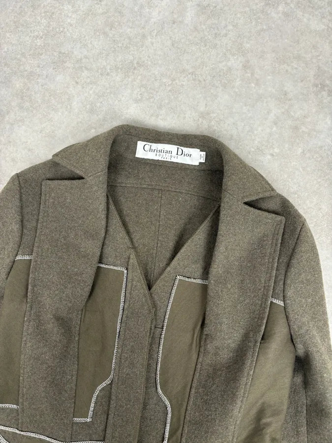 AW2006 Christian Dior Khaki Wool Contrast Stitch Blazer Jacket ymGBxsn 3
