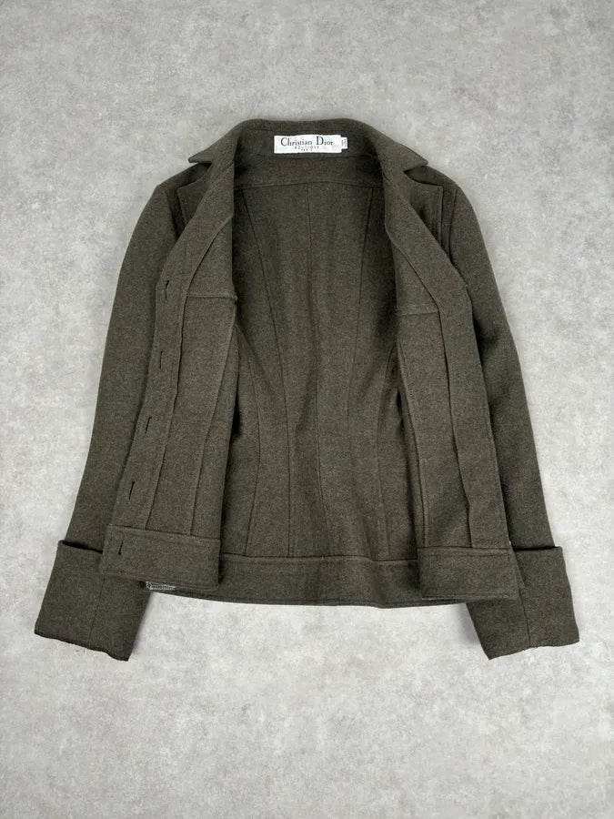 AW2006 Christian Dior Khaki Wool Contrast Stitch Blazer Jacket ymGBxsn 6
