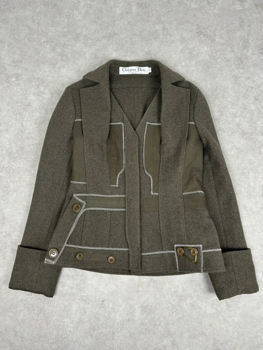 AW2006 Christian Dior Khaki Wool Contrast Stitch Blazer Jacket ymGBxsn 0
