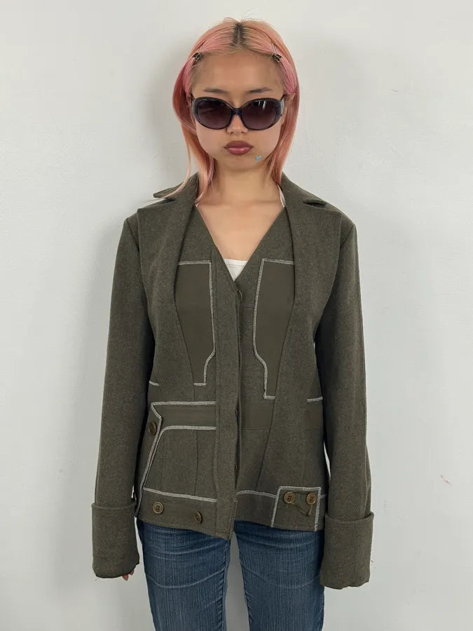 AW2006 Christian Dior Khaki Wool Contrast Stitch Blazer Jacket ymGBxsn 1