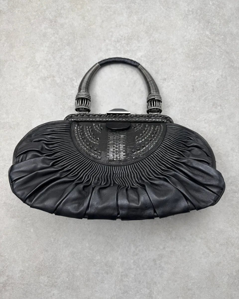 Christian Dior Metallic Handle Black Pleated Plissed Leather Handle Bag TFyWENS 0