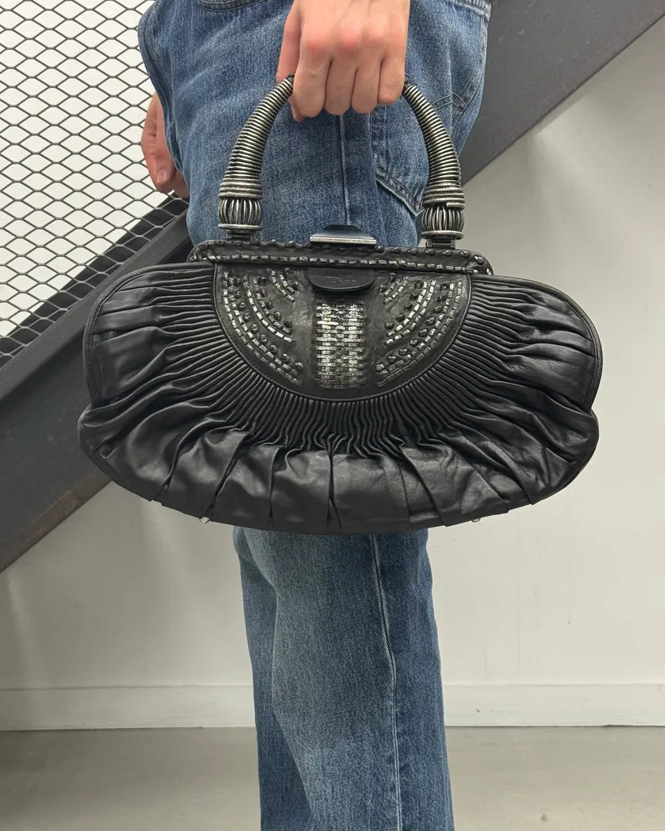 Christian Dior Metallic Handle Black Pleated Plissed Leather Handle Bag TFyWENS 1