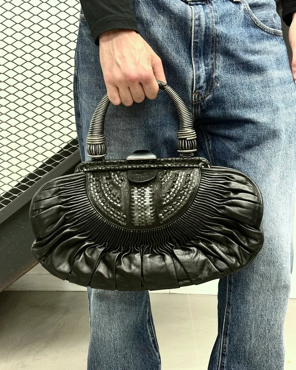 Christian Dior Metallic Handle Black Pleated Plissed Leather Handle Bag TFyWENS 2