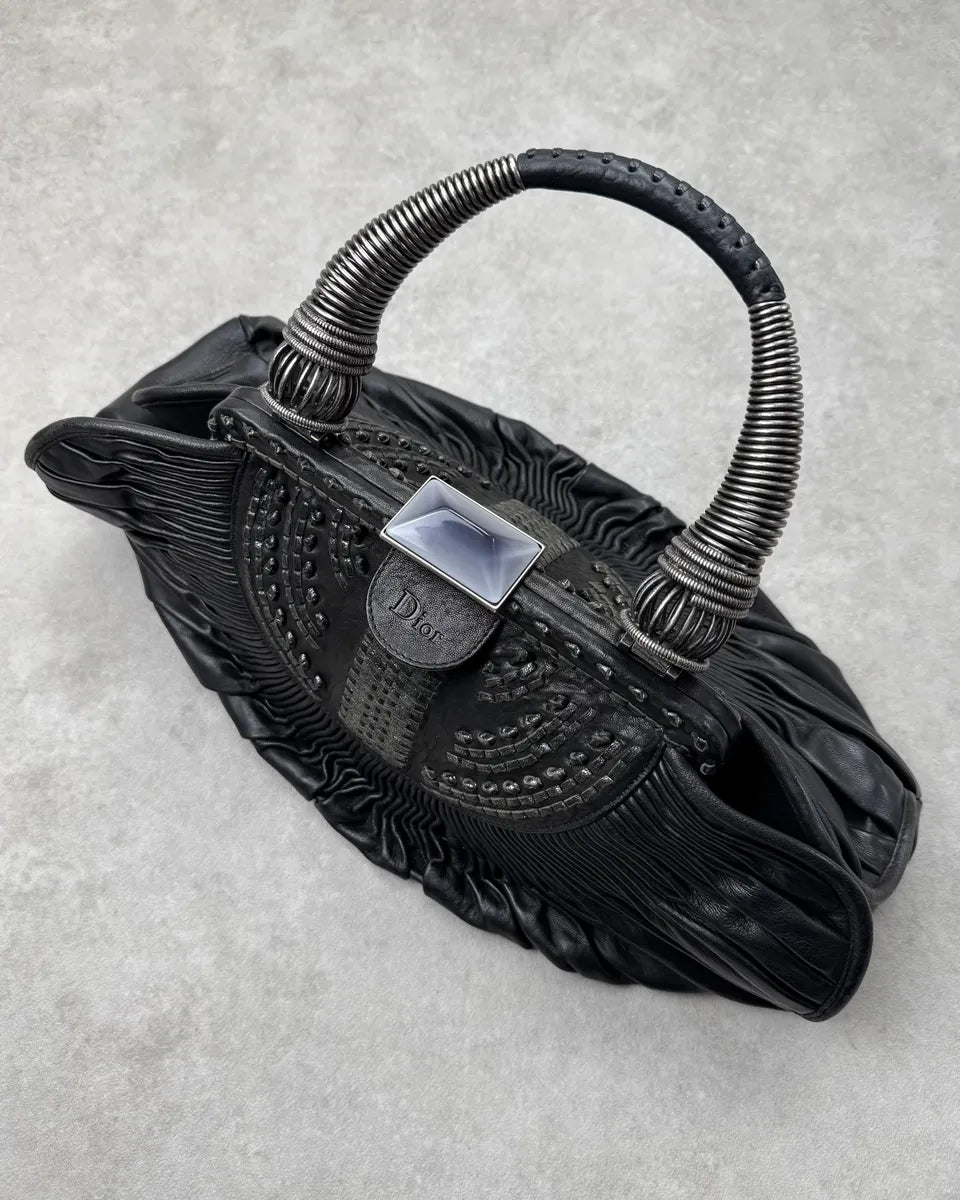 Christian Dior Metallic Handle Black Pleated Plissed Leather Handle Bag TFyWENS 3
