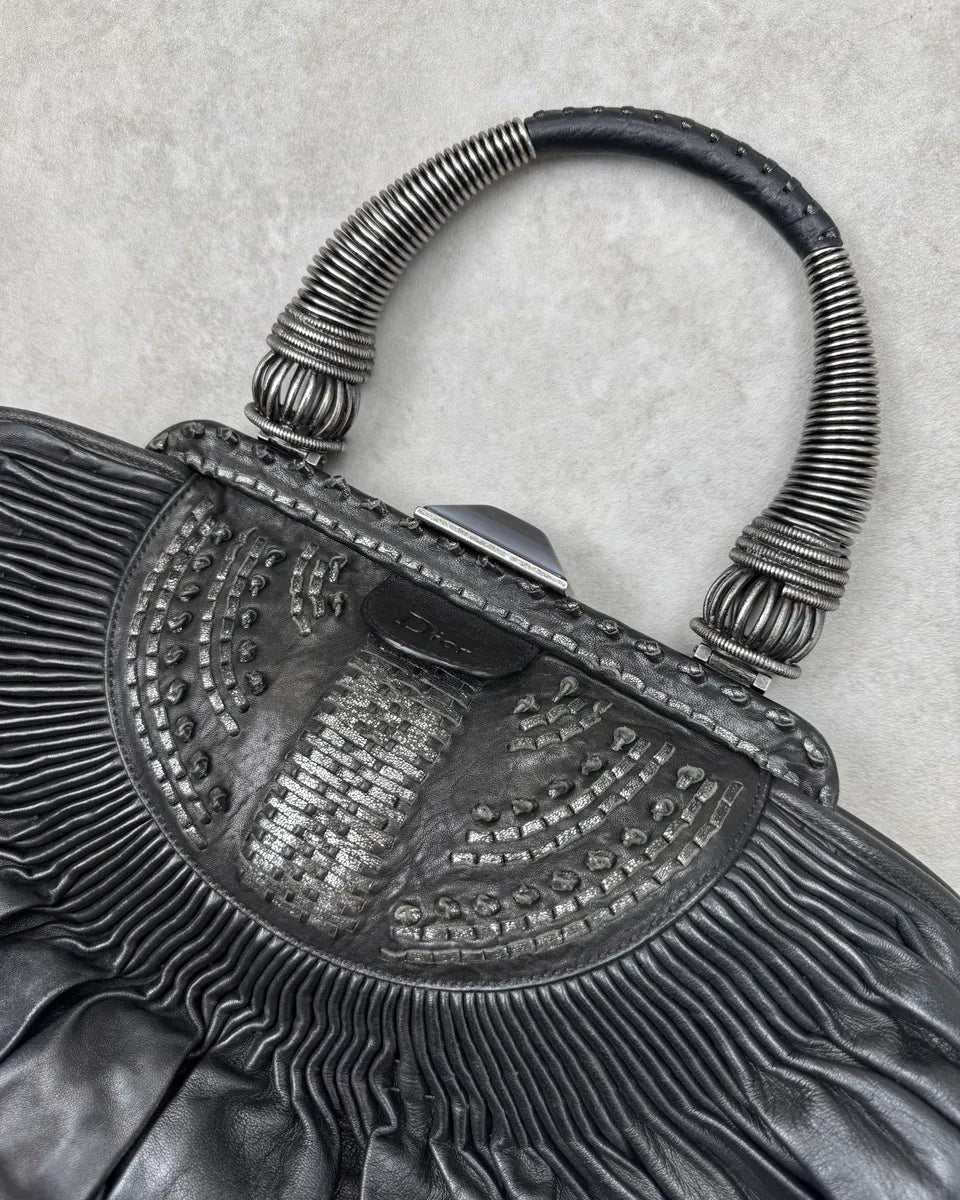 Christian Dior Metallic Handle Black Pleated Plissed Leather Handle Bag TFyWENS 5