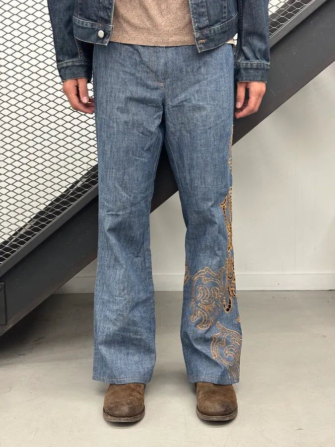 1990s Christian Lacroix Blue Denim Embroidered Flare Jeans eqDqptm 1