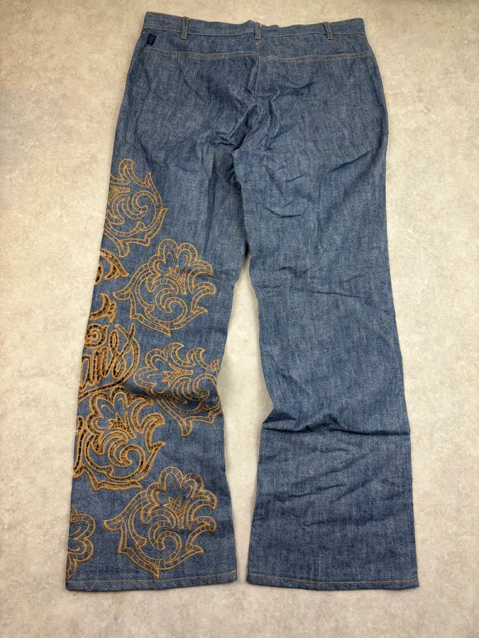 1990s Christian Lacroix Blue Denim Embroidered Flare Jeans eqDqptm 5