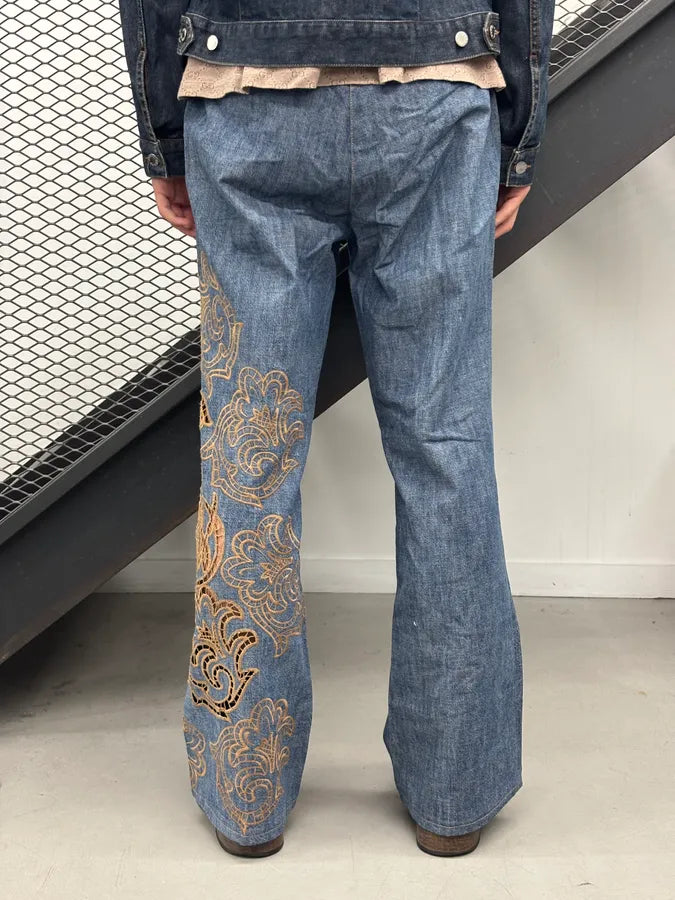 1990s Christian Lacroix Blue Denim Embroidered Flare Jeans eqDqptm 3