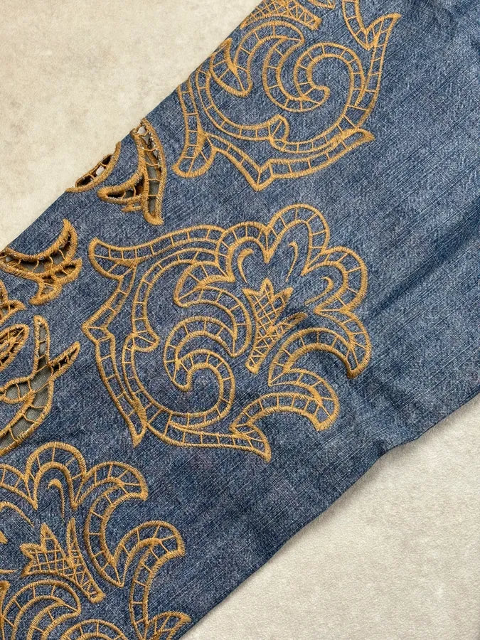 1990s Christian Lacroix Blue Denim Embroidered Flare Jeans eqDqptm 9