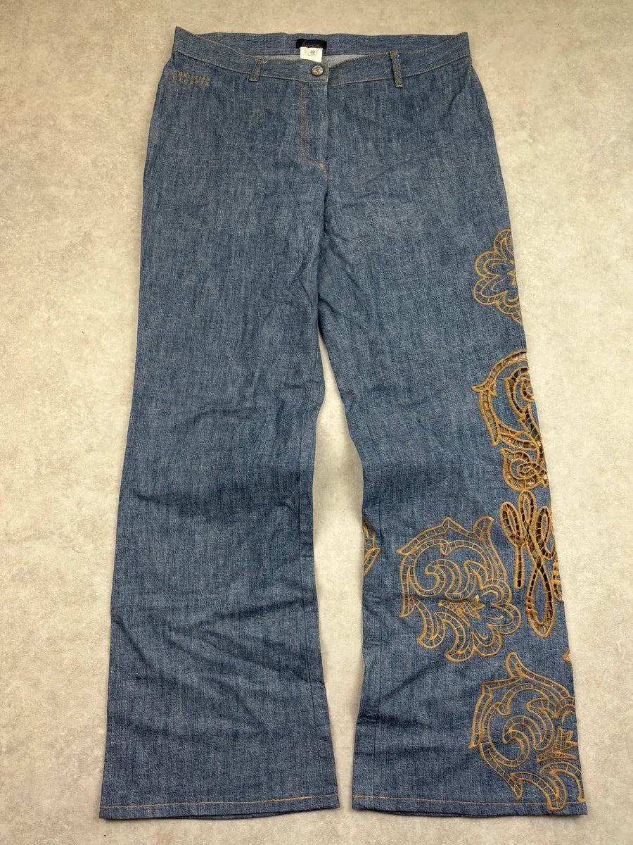 1990s Christian Lacroix Blue Denim Embroidered Flare Jeans eqDqptm 2
