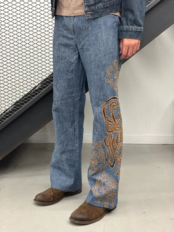 1990s Christian Lacroix Blue Denim Embroidered Flare Jeans eqDqptm 0