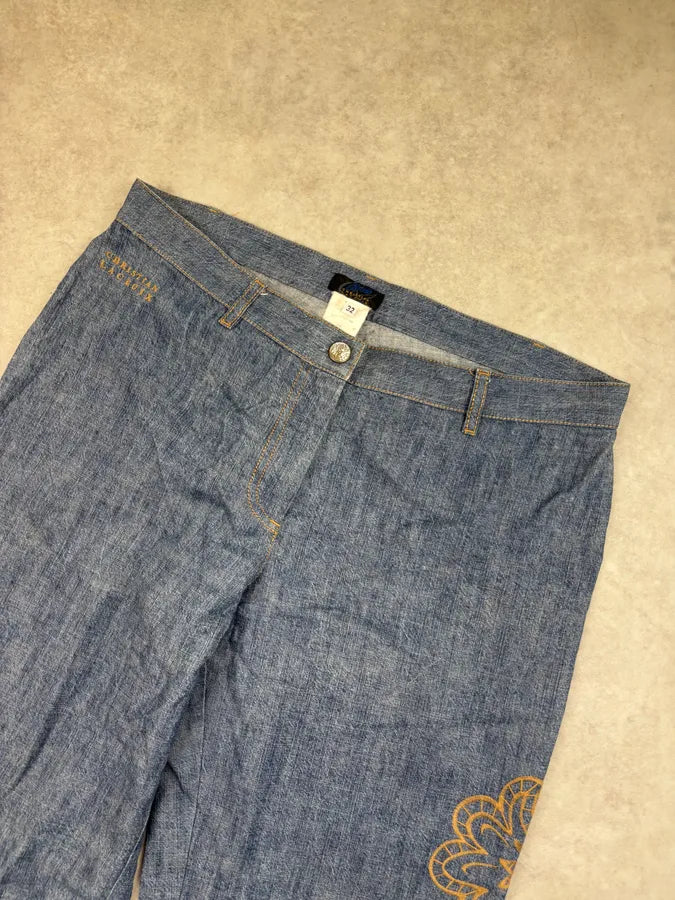 1990s Christian Lacroix Blue Denim Embroidered Flare Jeans eqDqptm 4