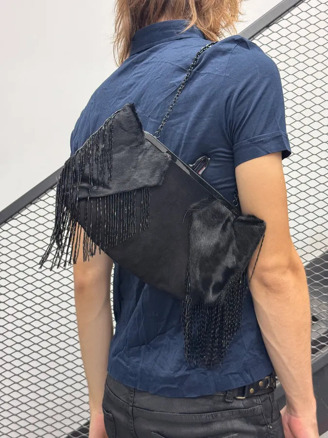 2010s Christian Louboutin Black Ponyhair Fringe Vero-Doat Clutch Bag AuyYVAW 1