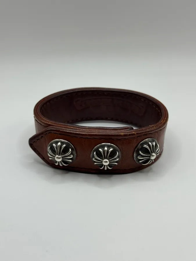 Chrome Hearts 3 Cross Silver Buttons 2 Snaps Brown Leather Bracelet (OS) qeuSEdT 0