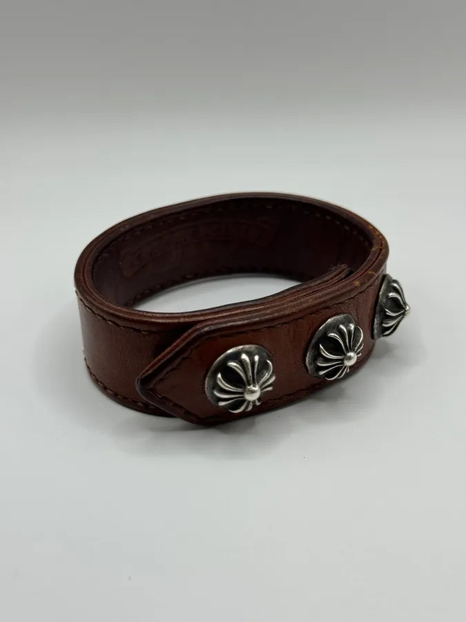 Chrome Hearts 3 Cross Silver Buttons 2 Snaps Brown Leather Bracelet (OS) qeuSEdT 2