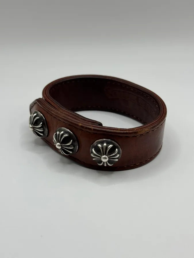 Chrome Hearts 3 Cross Silver Buttons 2 Snaps Brown Leather Bracelet (OS) qeuSEdT 3