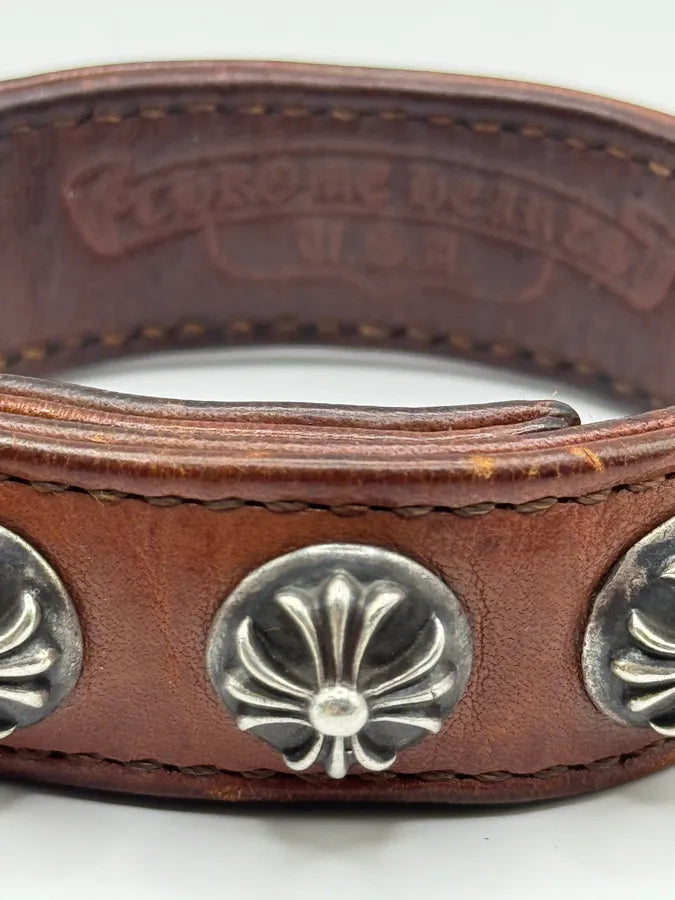 Chrome Hearts 3 Cross Silver Buttons 2 Snaps Brown Leather Bracelet (OS) qeuSEdT 5