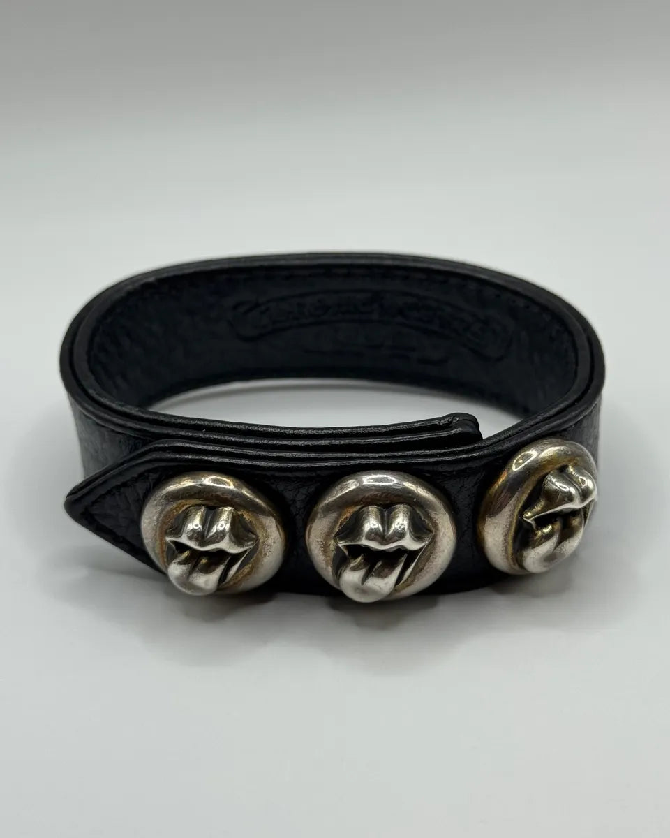 Chrome Hearts 3 Rolling Stones Silver Buttons 2 Snaps Black Leather Bracelet (OS) KjAHwWK 0
