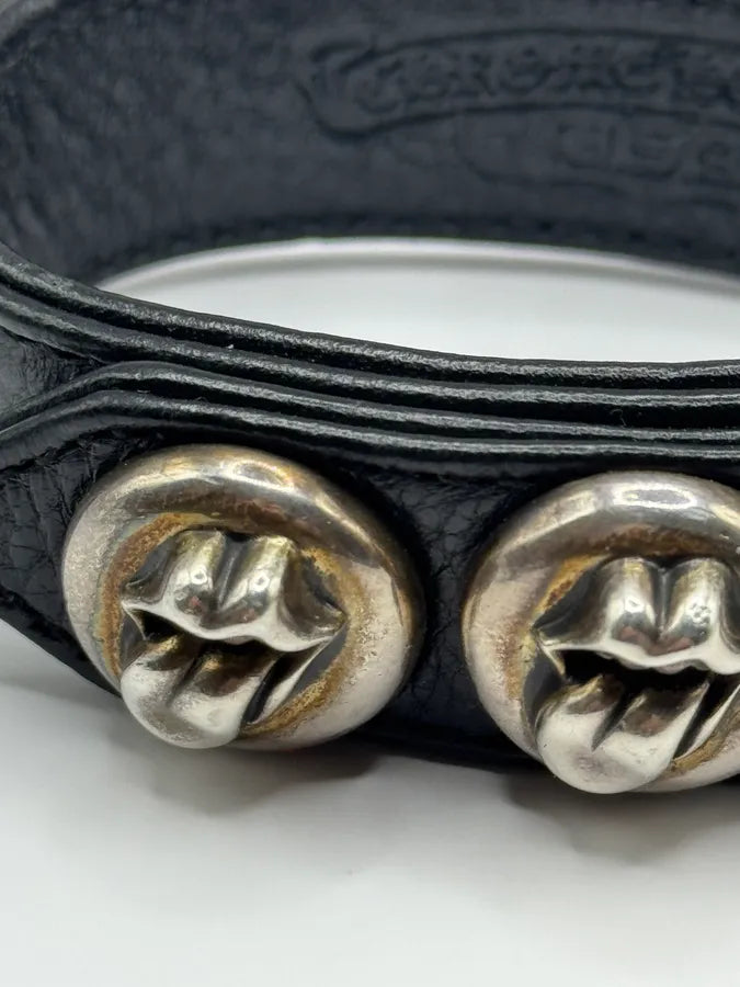 Chrome Hearts 3 Rolling Stones Silver Buttons 2 Snaps Black Leather Bracelet (OS) KjAHwWK 1