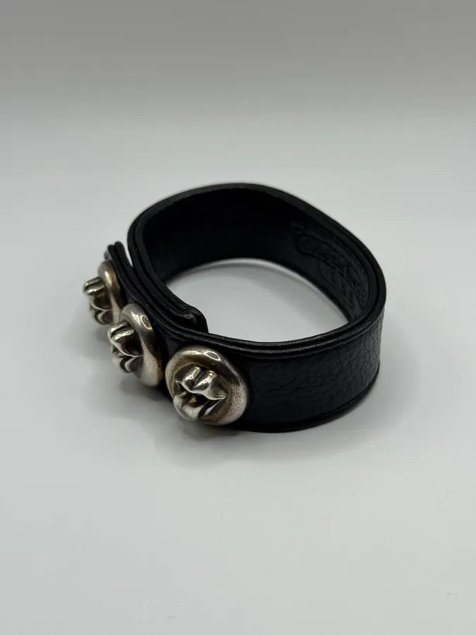 Chrome Hearts 3 Rolling Stones Silver Buttons 2 Snaps Black Leather Bracelet (OS) KjAHwWK 2