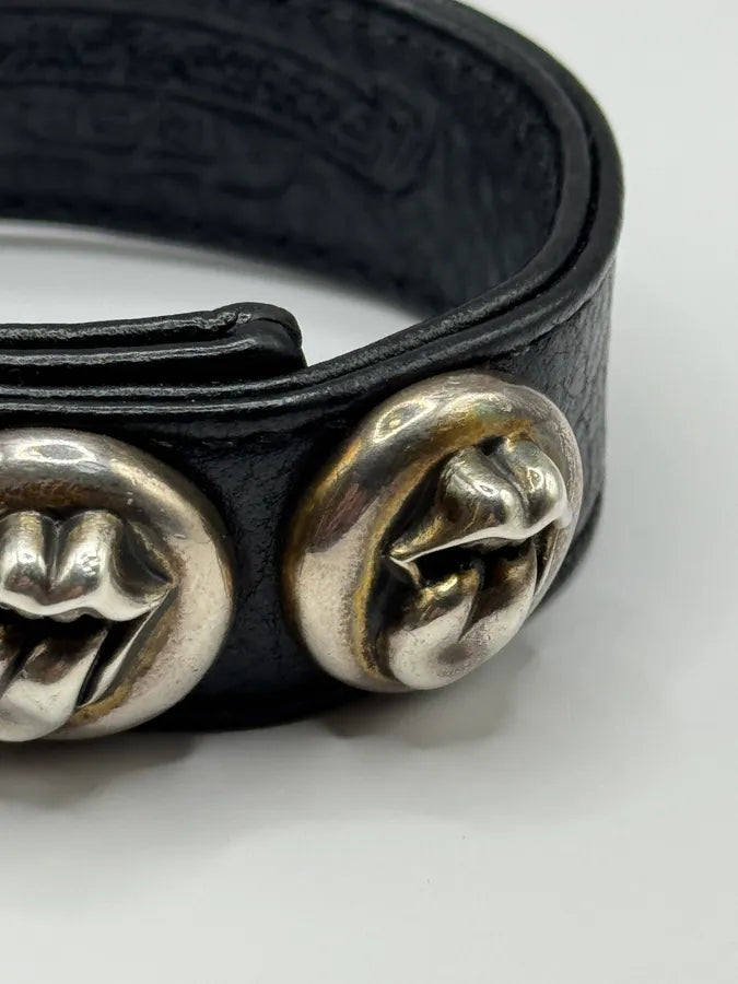 Chrome Hearts 3 Rolling Stones Silver Buttons 2 Snaps Black Leather Bracelet (OS) KjAHwWK 3