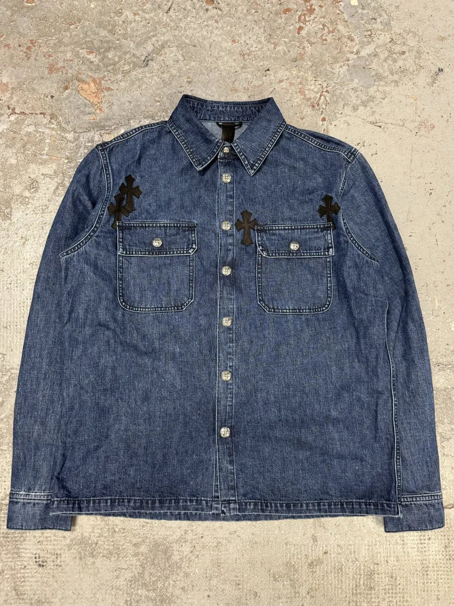 Chrome Hearts Denim Cross Leather Patchwork Shirt fJVAhQR 0