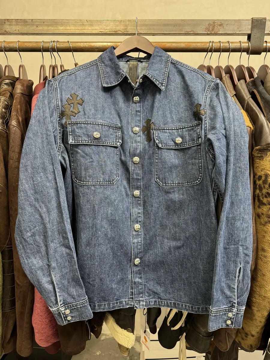 Chrome Hearts Denim Cross Leather Patchwork Shirt fJVAhQR 2