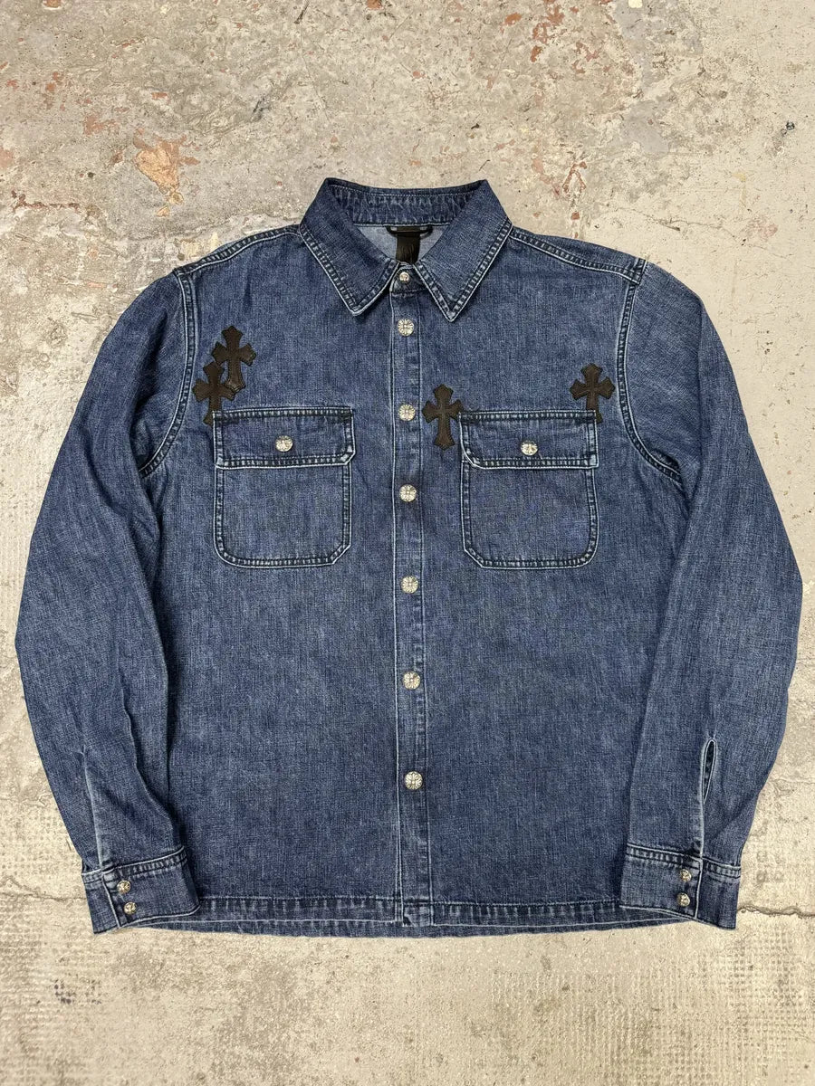 Chrome Hearts Denim Cross Leather Patchwork Shirt fJVAhQR 3