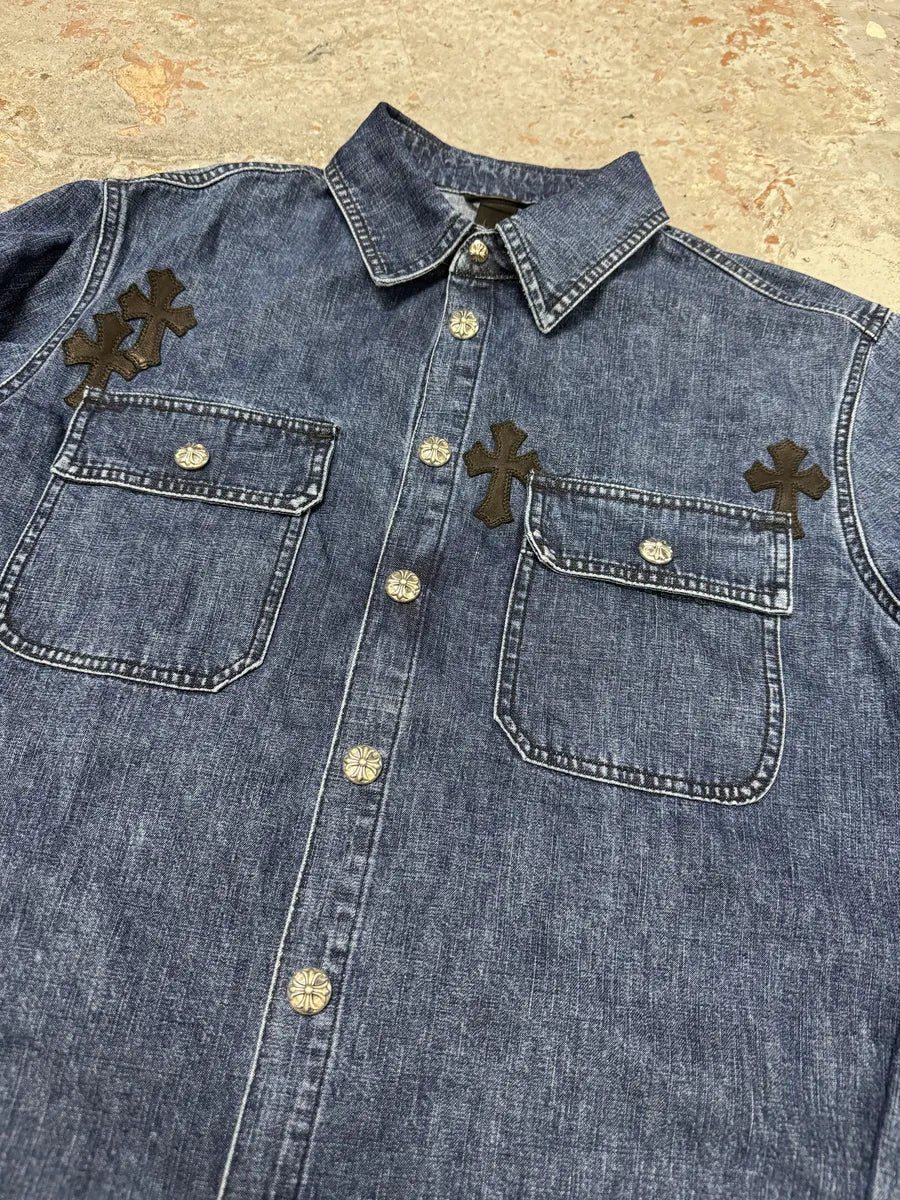 Chrome Hearts Denim Cross Leather Patchwork Shirt fJVAhQR 5