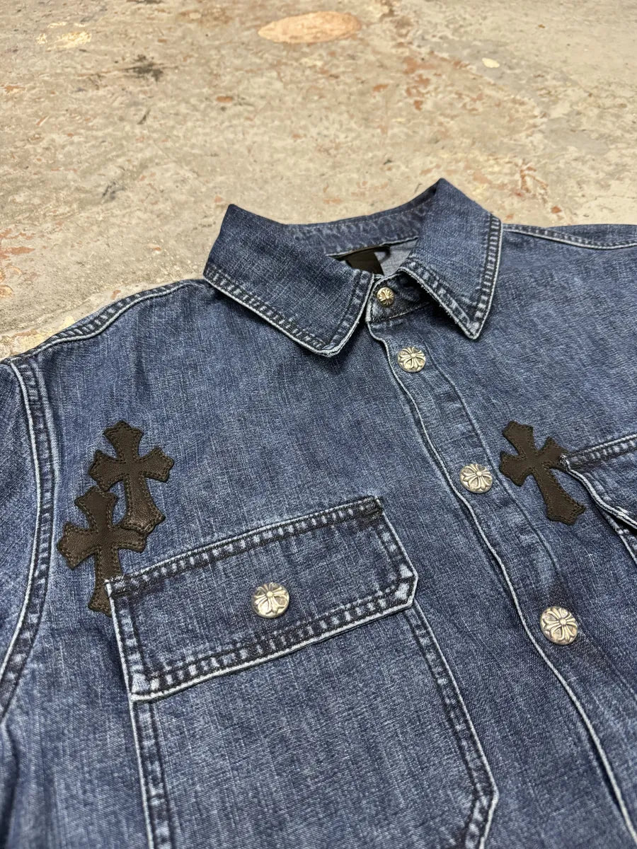 Chrome Hearts Denim Cross Leather Patchwork Shirt fJVAhQR 6