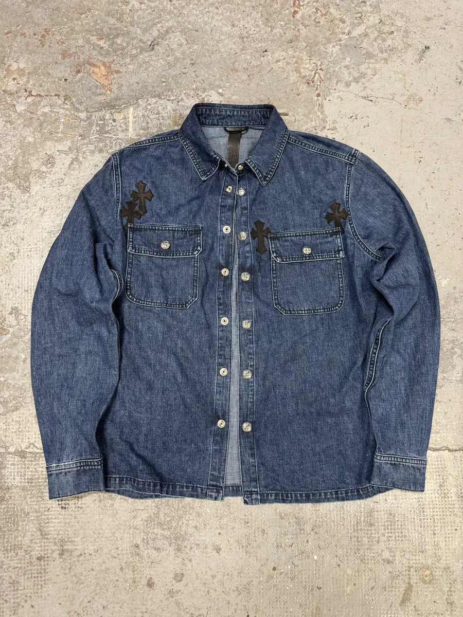 Chrome Hearts Denim Cross Leather Patchwork Shirt fJVAhQR 7