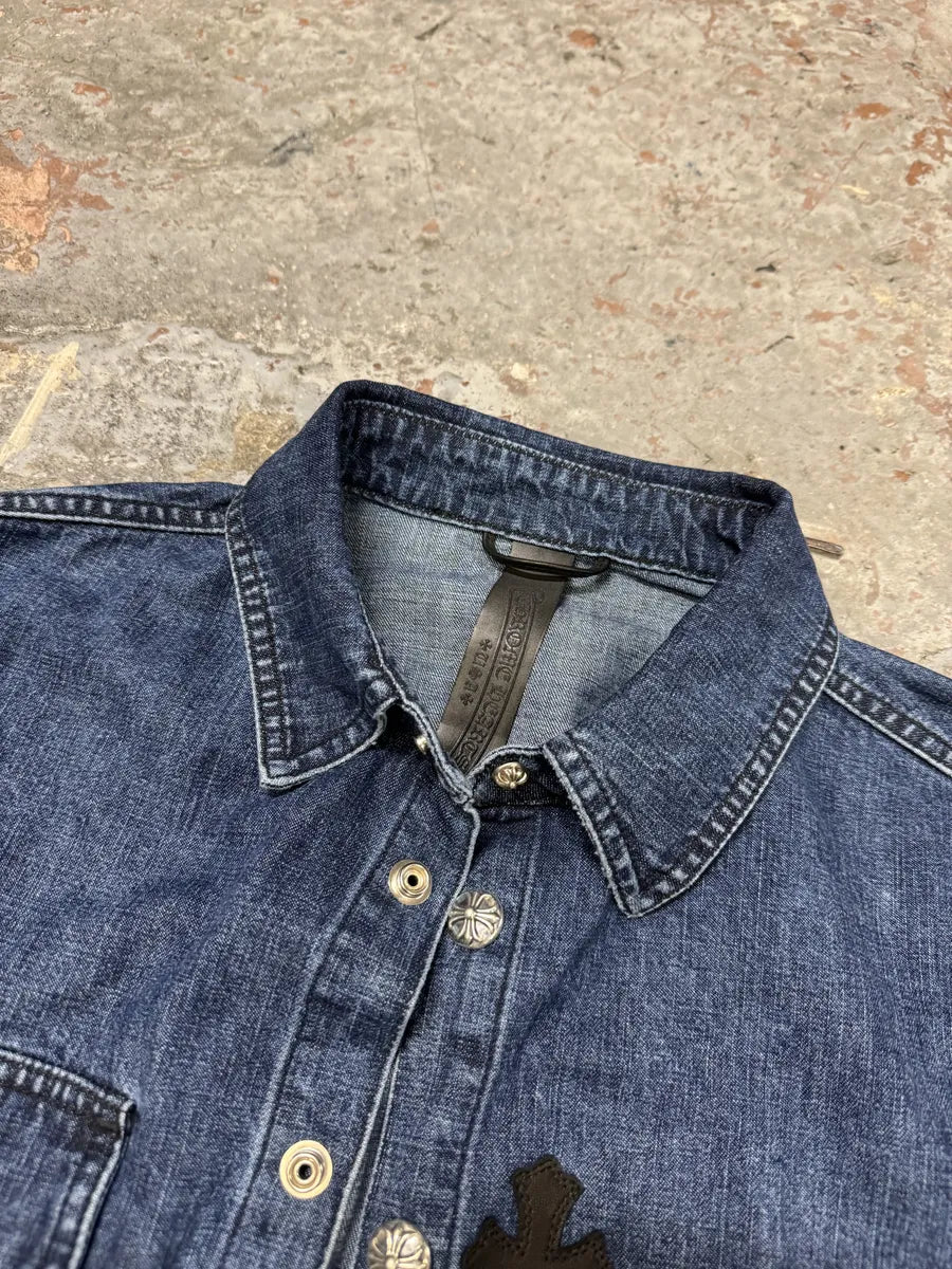 Chrome Hearts Denim Cross Leather Patchwork Shirt fJVAhQR 9