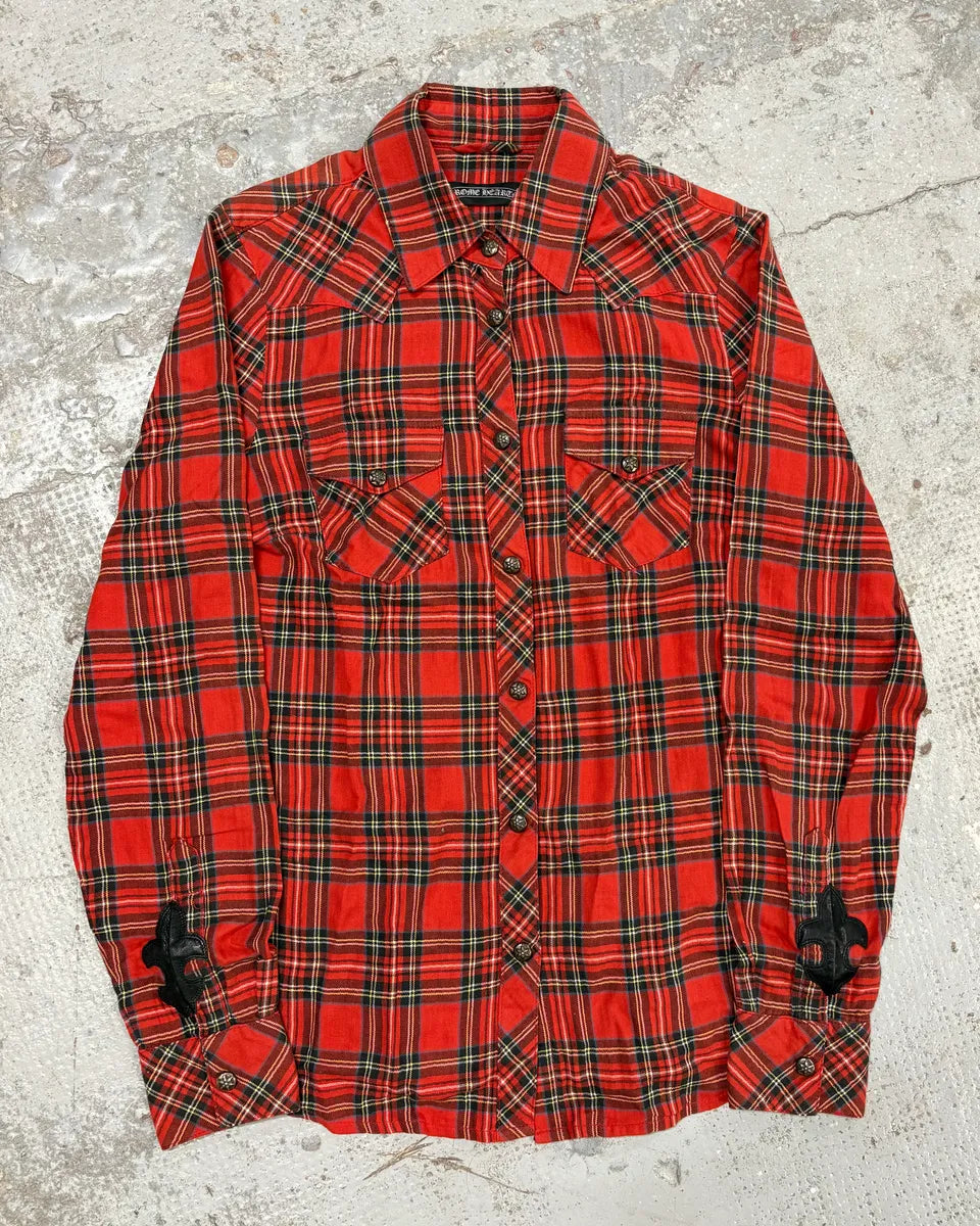 Chrome Hearts Flanel Red Checkered Cross Leather Patchs Shirt nKEpTka 0