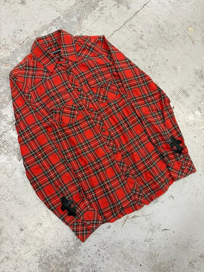 Chrome Hearts Flanel Red Checkered Cross Leather Patchs Shirt nKEpTka 3