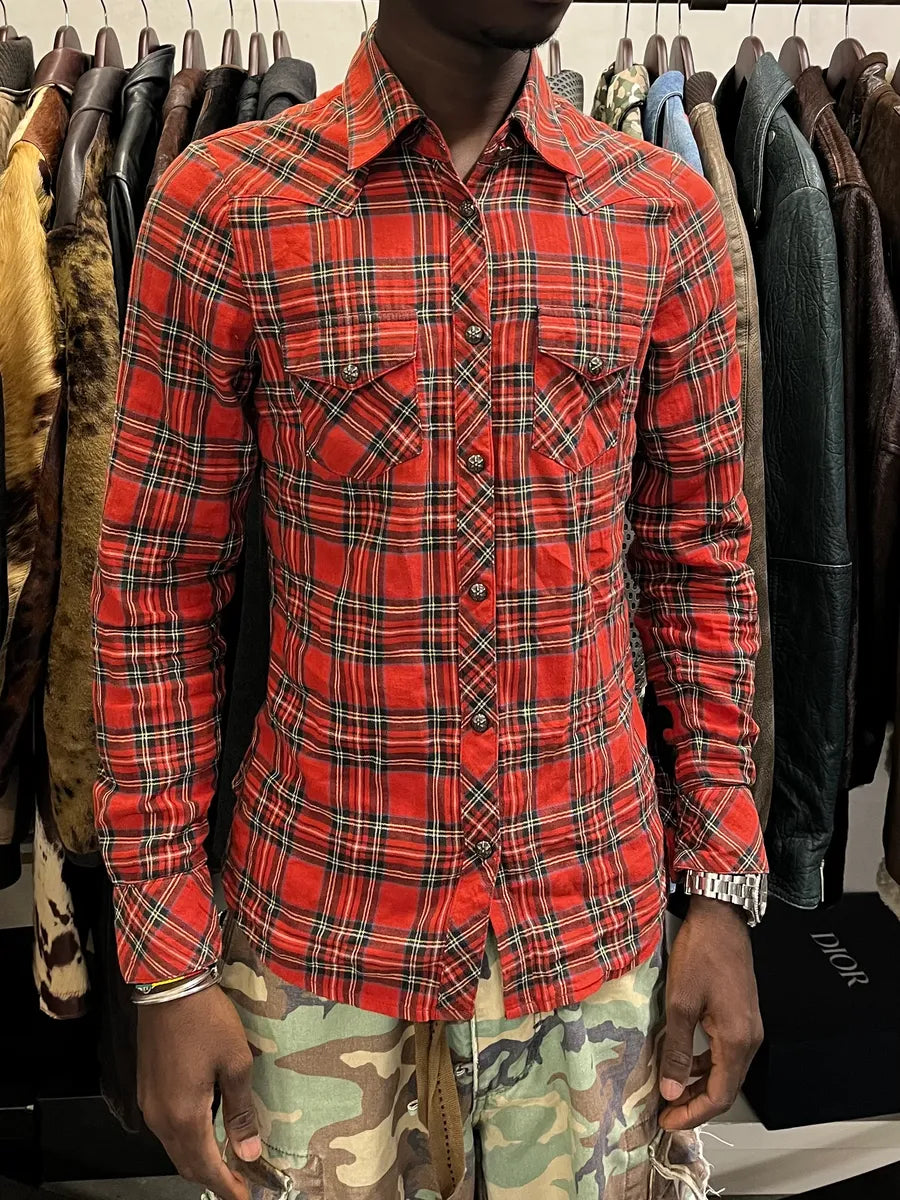 Chrome Hearts Flanel Red Checkered Cross Leather Patchs Shirt nKEpTka 1