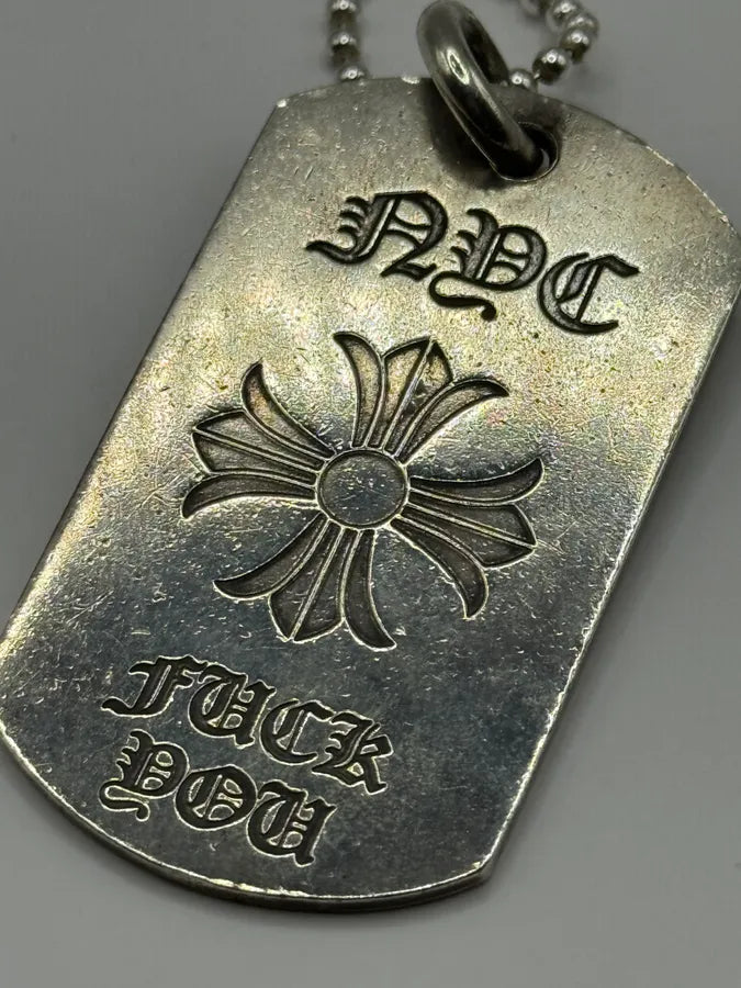 Chrome Hearts NYC Fuck You Cross Logo Silver 925 Dog Tag Pendant