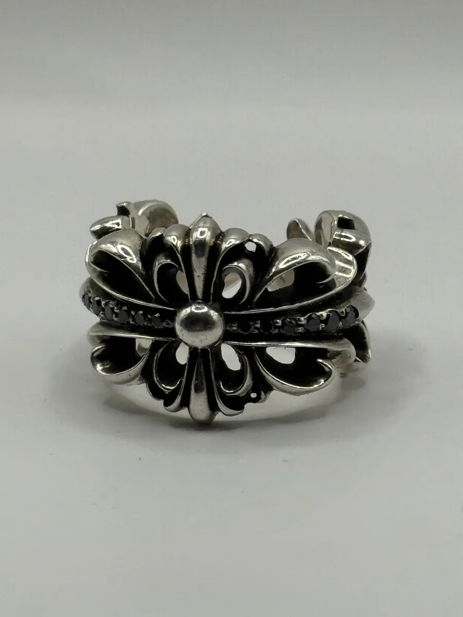 Chrome Hearts Pave Black Diamond Double Floral Silver 925 Ring KesByvq 0