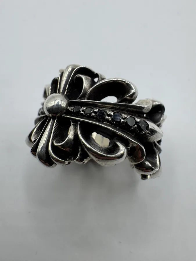 Chrome Hearts Pave Black Diamond Double Floral Silver 925 Ring KesByvq 1